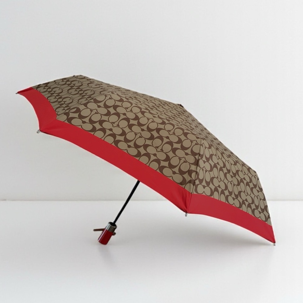 Coach Compact Signature Printed Nylon Umbrella with Wrist Strap In Red / Brown
